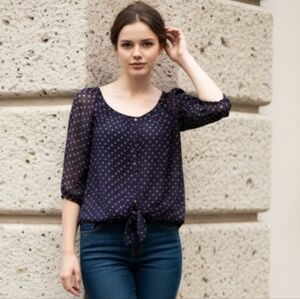 Color of Love Sheer Blouse Navy with Pink Polka Dot Size Medium